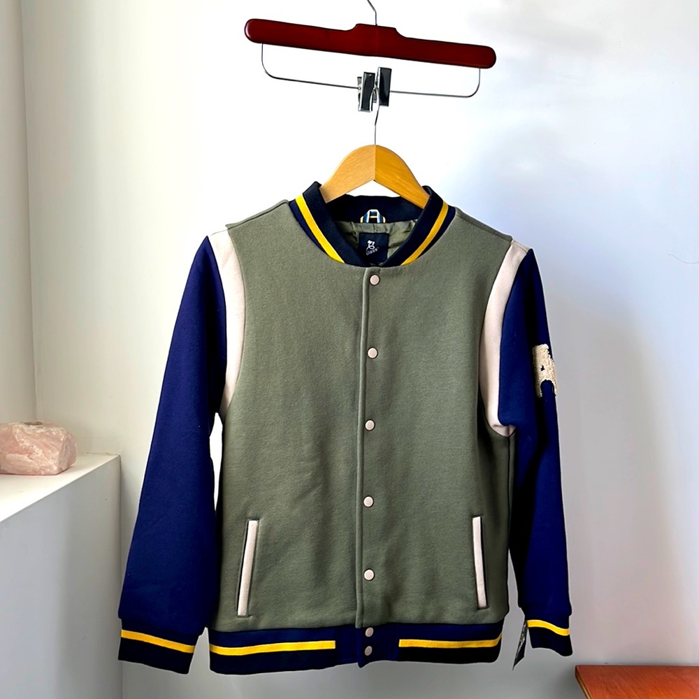 Art Class 'Now or Never' Jacket. Green, blue and gold. Unisex sex; size L 12/14